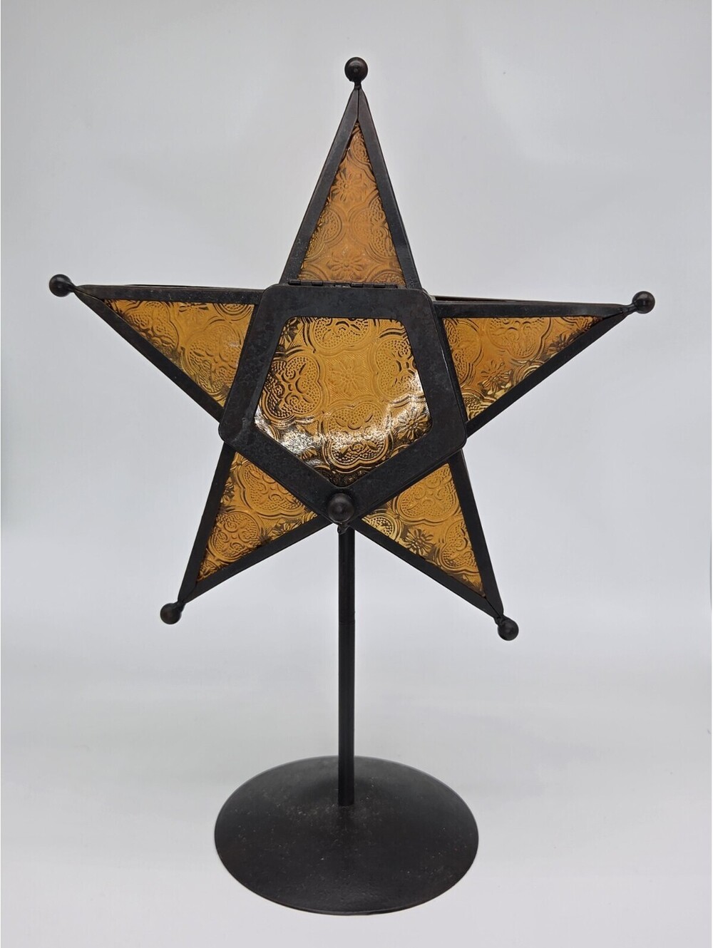 Moravian Stamped Glass Star Shaped Tea Light Candle Holder- Amber/Orange
